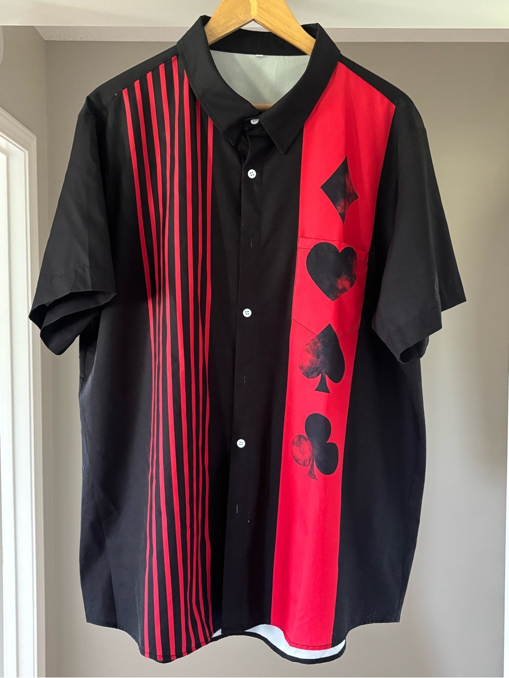 Men's Black and Red Short-Sleeve Button-Down Poker Shirt